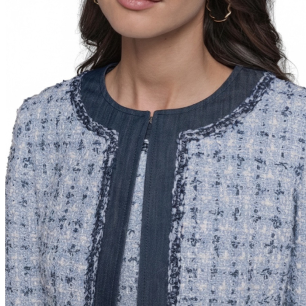 NWT Karl Lagerfeld Cropped Tweed Boucle Jacket Blue/White Metallic Trim Size 12 - Picture 3 of 12